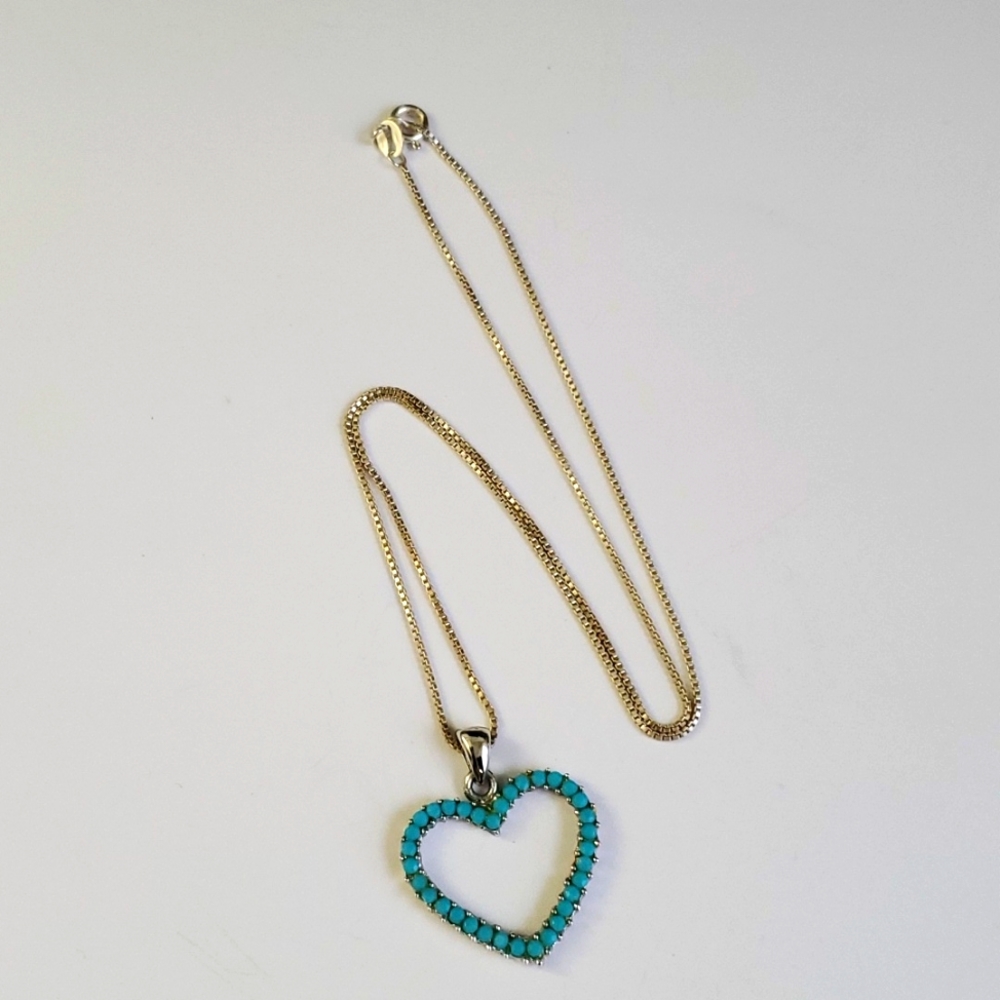 Sterling Silver 925 Box Chain & Turquoise Heart Pendant Necklace